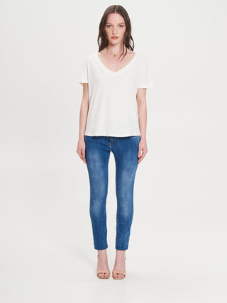 T-shirt Scollo V in misto Lino Bianco