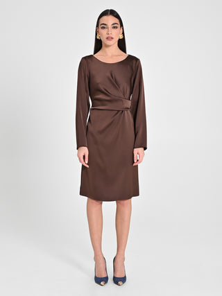 Abito Drappeggiato in Raso Marrone
