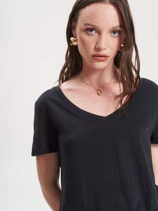 T-shirt Scollo V in misto Lino Nero