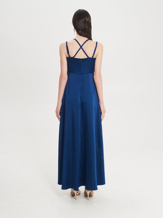 Abito Lungo in Raso con Lacci Blu