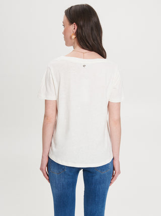 T-shirt Scollo V in misto Lino Bianco