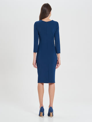 Tubino Drappeggiato Blu a Maniche Lunghe