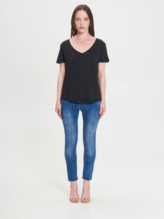 T-shirt Scollo V in misto Lino Nero