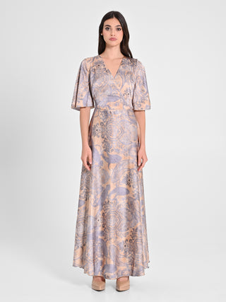 Abito in Raso Stampa Cachemire