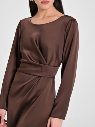 Abito Drappeggiato in Raso Marrone