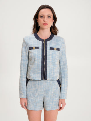 Giacca Tweed Inserto Denim Azzurro