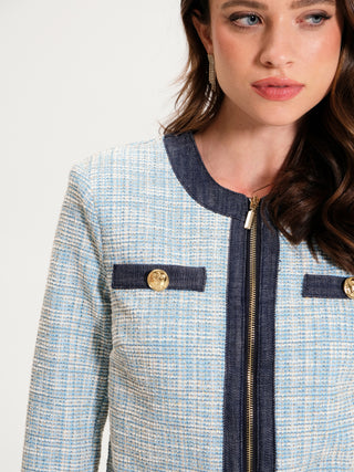 Giacca Tweed Inserto Denim Azzurro