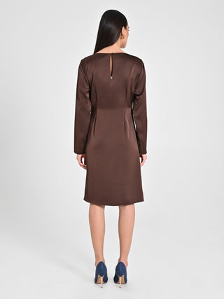Abito Drappeggiato in Raso Marrone