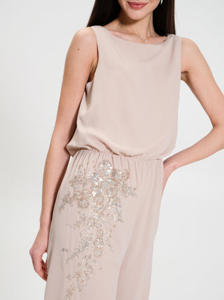 Tuta Palazzo con Cristalli Beige