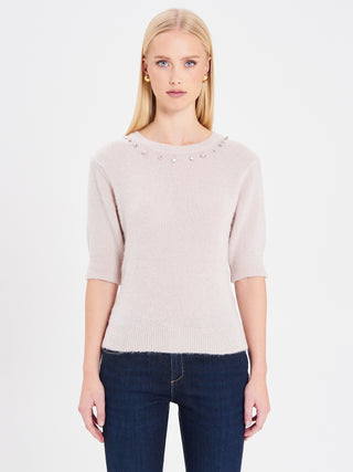 Maglia a maniche corte in misto alpaca con strass
