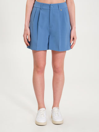 Pantaloni Corti Palazzo con Passanti Blu Avio