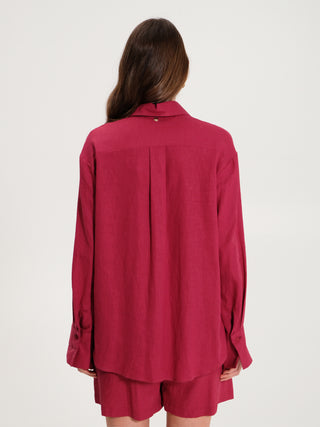 Camicia Oversize in Lino con Ricamo Bordeaux
