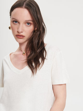 T-shirt Scollo V in misto Lino Bianco