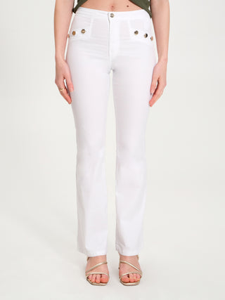 Pantaloni a Zampa con Bottoni Bianco