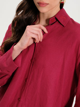Camicia Oversize in Lino con Ricamo Bordeaux