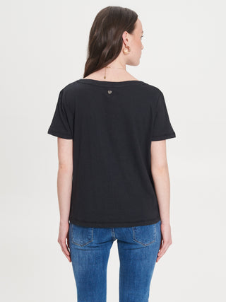 T-shirt Scollo V in misto Lino Nero