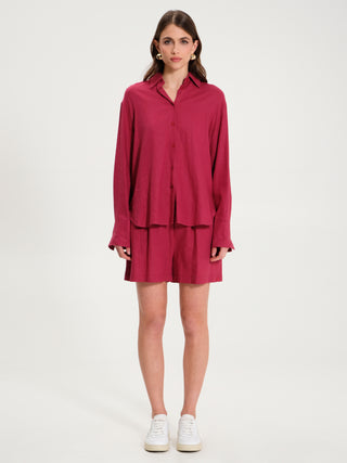Camicia Oversize in Lino con Ricamo Bordeaux