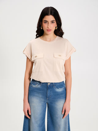 T-shirt con Tasche 100% Cotone Beige