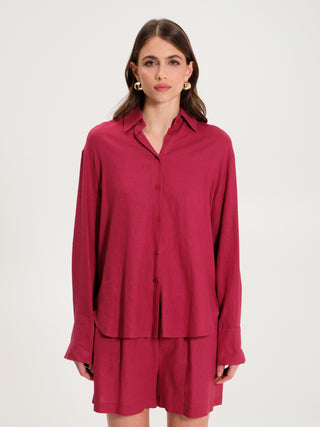 Camicia Oversize in Lino con Ricamo Bordeaux