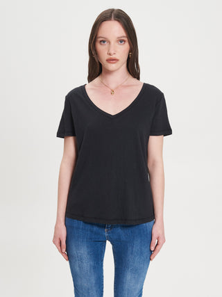 T-shirt Scollo V in misto Lino Nero