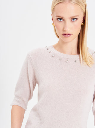 Maglia a maniche corte in misto alpaca con strass